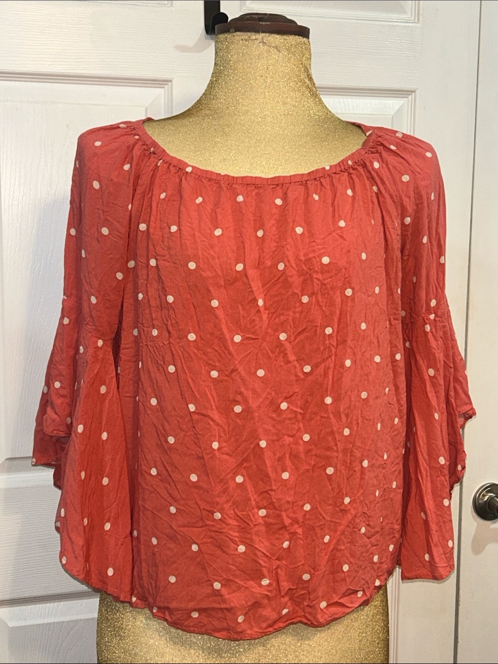 Fever Coral Polka Dot Peasant Blouse